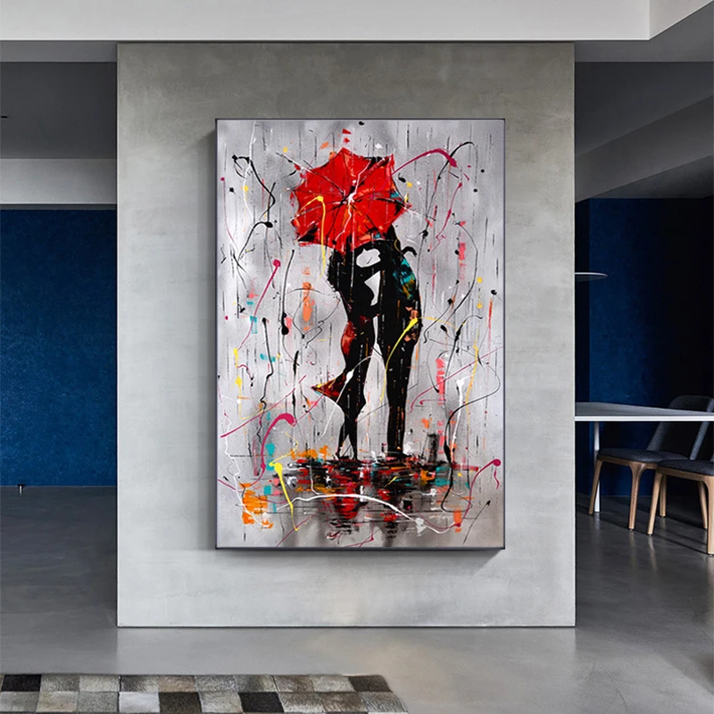 

Street Graffiti Couple Hold Red Umbrella Oil Painitng on Canvas Modern Abstract Wall Art Posters Print Living Room Decor Cuadros