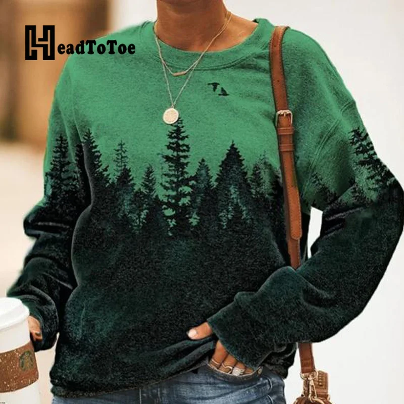 

Loose Casual Fashion Landscape Printed Hoodies Women Full Sleeve Round Neck Sweatshirts Tops