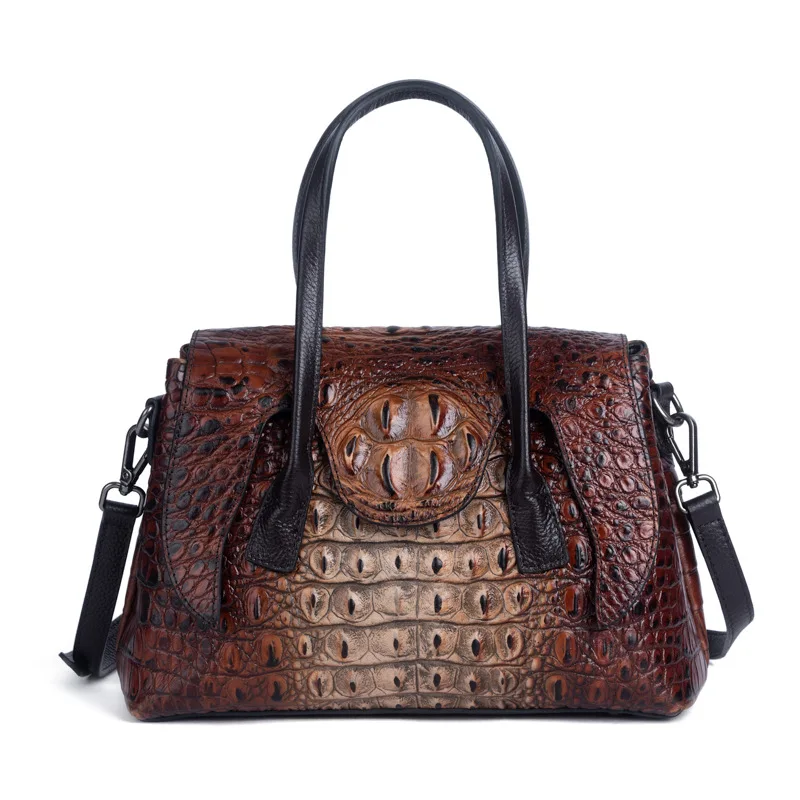 New Women's Retro Handbag Crocodile Female Fish Pattern Large Capacity Messenger Bag Tree Cream Leather Embossed