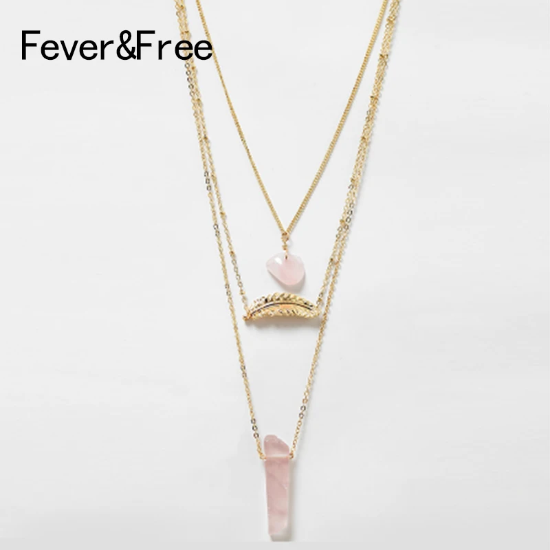 

New Fashion Multilayer Pink Natural Stone Pendant & Necklace Gold Color Leaf Sweater Chain Long Necklaces For Women Jewelry