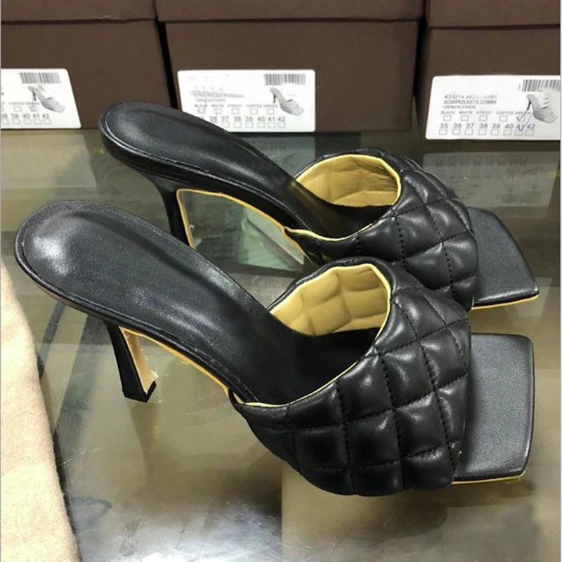 Женские шлепанцы из 100% натуральной кожи на высоком каблуке модные открытые