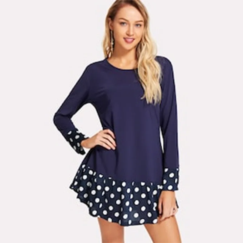 Топы с длинными рукавами бабочками футболка в контрастный горошек женские