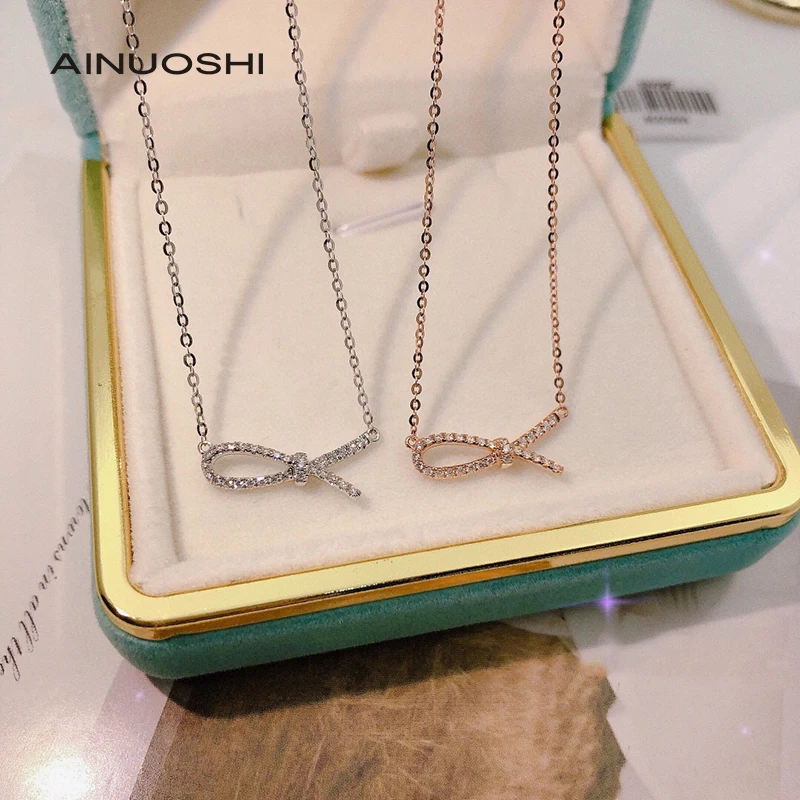 

AINUOSHI Handmade 18K Gold 0.11ct Real Diamond Rope Knot Geometric Necklace Bridal Wedding Romantic Jewelry For Women 18''