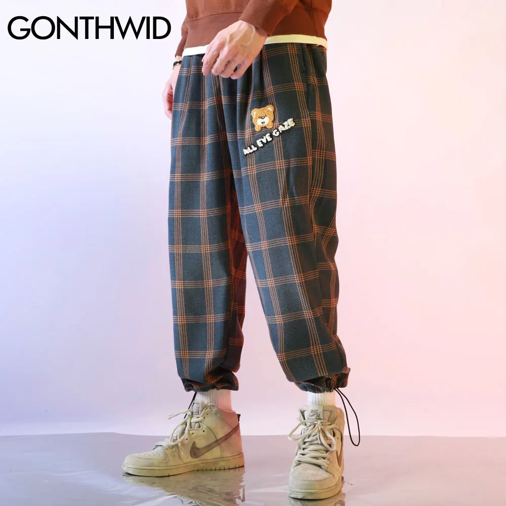 

GONTHWID Bear Patch Plaid Joggers Harem Pants Streetwear Trouser Streetwear Mens 2020 Hip Hop Harajuku Casual Sweatpants Male