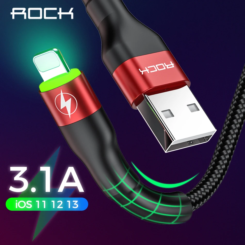 ROCK Metal Led Light USB кабель для iPhone 11 Xs MAX Xr X 8 7 6 6s Plus Быстрая зарядка iPad 100 см 200 50 быстрое