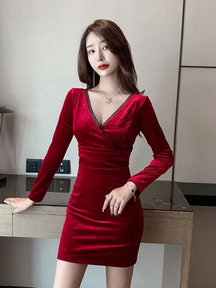 Ночной магазин одежды сексуальное платье с v образным воротом из плюша Осенняя