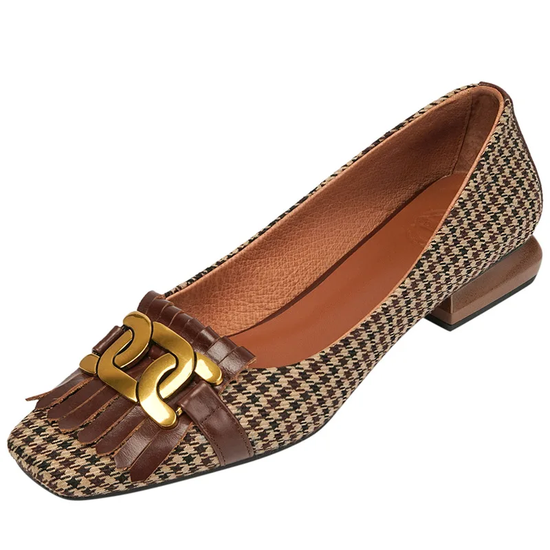 

Akexiya 2021 New Leather Women Shoes Fashion Tassel Beads Spring Pump Square Toe Slip-On Casual Shoes Thick Heel Size 35-42