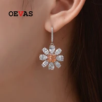 oevas 100 925 sterling silver 77mm orange high carbon diamond flower drop earrings for women sparkling fine jewelry wholesale