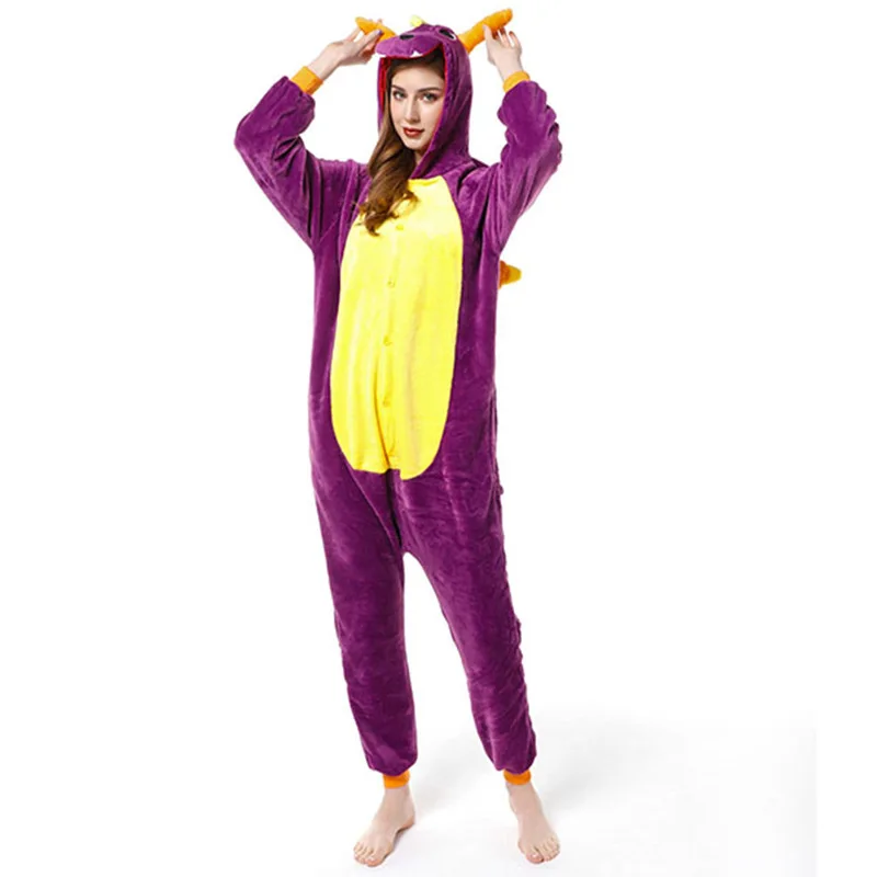 Winter Flannel Kigurumi Women Men Onesies Cute Cartoon Animal Purple Dinosaur Dragon Pajamas Set Unisex Pyjama Pijama Sleepwear