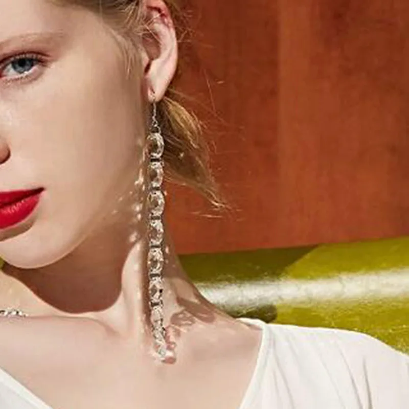 Женские Висячие серьги золотого цвета длинные прозрачные стразы модные