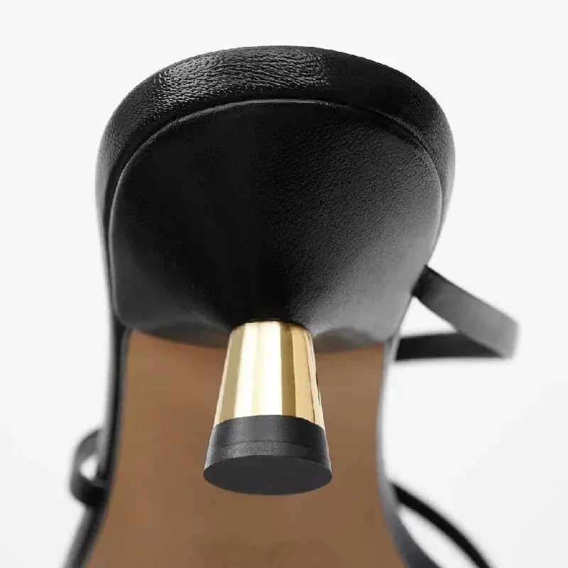 

Women's Sexy Black Leather High Heels Thin Strap Ladies Sandals New Square Toe Crossover Stiletto Party Shoes Female Footwear