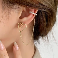 origin summer temperament hollow love heart clip earring for women femme beaded c shape faux pearl tassel earring jewelry