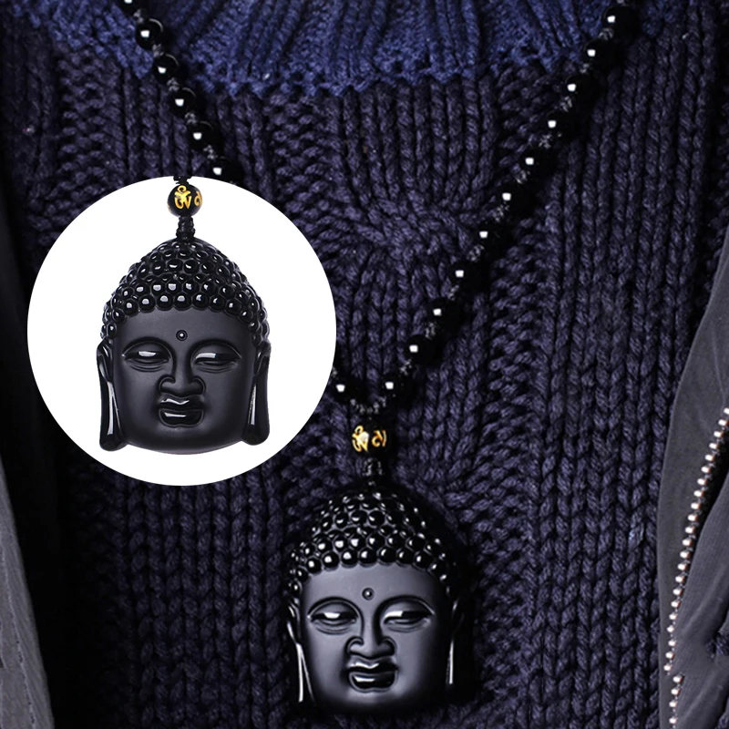 Unique Natural Black Obsidian Carved Buddha Blessing Necklace for Men Women Lucky Amulet Pendant Luck Craft Gift | Украшения и