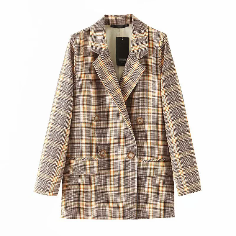 Женский винтажный клетчатый пиджак Офисная двубортная Элегантная куртка с