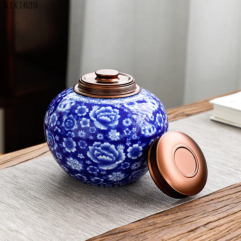 

Classical Blue and White Porcelain Tea Caddy Creative Ceramic Coffee Bean Candy Medicinal Sealed Jar with Double Lid Home Decor