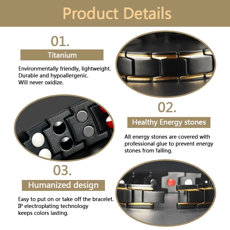 Черный 2-рядный магнитный браслет из чистого титана очаровательный для здоровья