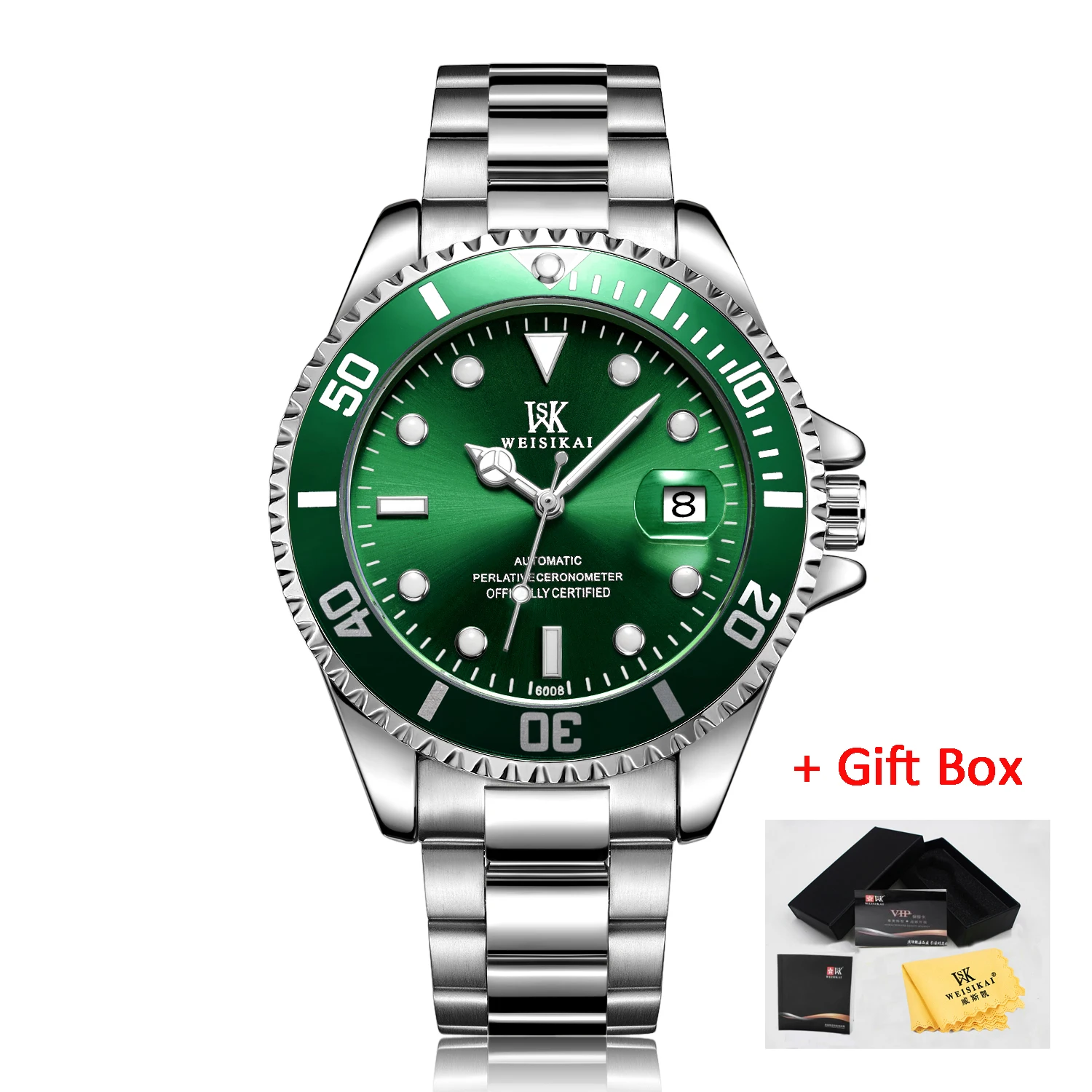 WSK silver green WEISIKAI, мужские часы для ныряльщиков, автоматические механические часы, спортивные, Топ бренд, для дайвинга, часы для мужчин, мужские наручные часы, Relogio Masculino - Цвет: WSK silver green