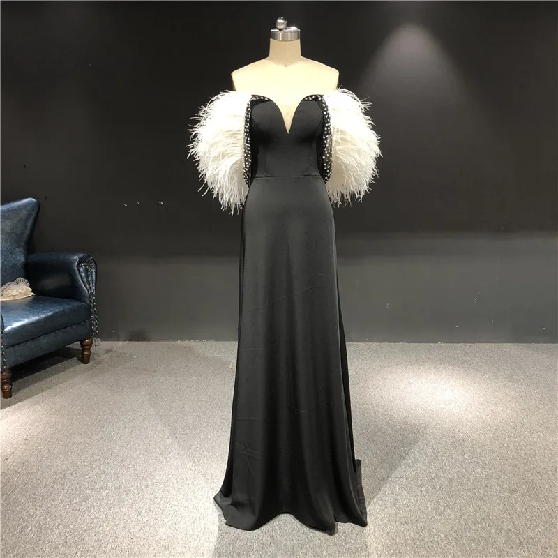 

Real Pictures Newest High Quality Customized Black Satin Strapless with Feathers V-neck Straight Formal Evening Party Dresses