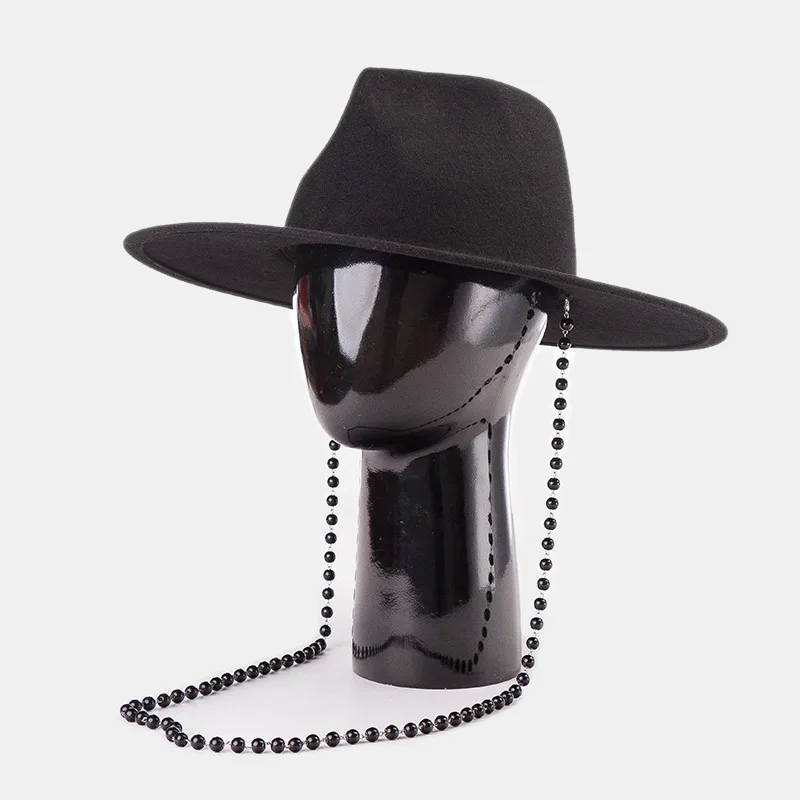 

King Wheat 2021 Winter Chain Decoration Black Wide Brim Wool Women Fedora Men Jazz Hat Stage Show Felt Cap Fashion Outdoor Top