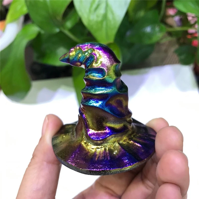 

Natural Crystals Quartz Aura Obsidian Stone Witch Hat and Pumpkin Hand Carved Halloween Wizard Hat Crystal Witch Hat for Gift