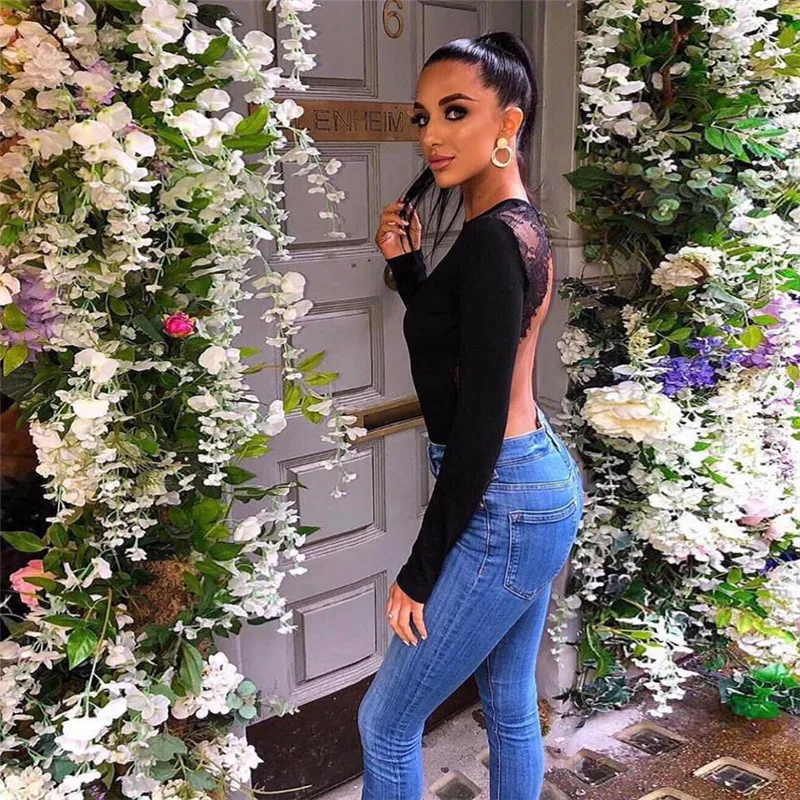 Halter Women Bodycon Bodysuit Long Sleeve Romper Patchwork Lace Embroidered Floral Backless Black Skinny Jumpsuit | Женская одежда