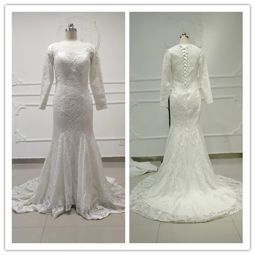Старинные кружева Русалка свадебное платье Турция Vestido de Novia блесток кружева Sheer свадебные платья халат mariee gelinlik casamento - Цвет: long lined sleeve