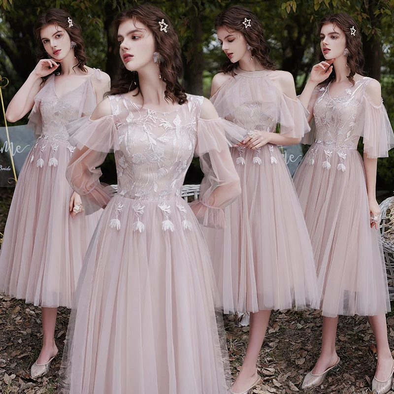 

Bridesmaids Dresses Illusion Embroidery Spaghetti Straps V-Neck A-Line Tulle Vintage Knee-Length Women Wedding Party Gown E124