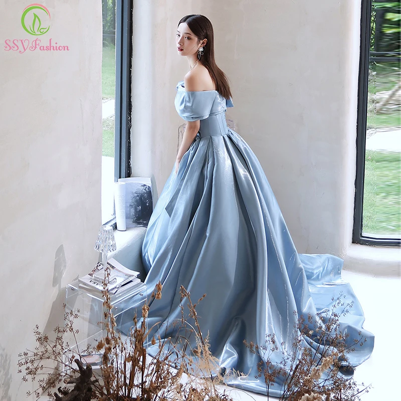 

Женское атласное вечернее платье SSYFashion, роскошное синее платье-трапеция с вырезом лодочкой, элегантное банкетное бальное платье для вечеринки