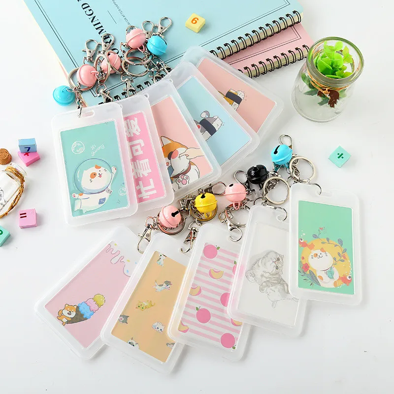 

1PCS PVC Clear Student Card Holder Case Cute Girl Protector Card Cover With Keyring Key Chain Credit Card Pouch