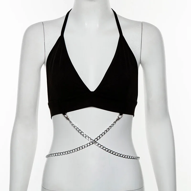 

XIYUYU Summer Camis Halter Tops Women Sexy Cross Chain Waist Belt Vest V-neck Croped Top Neck-mounted Camisole Tank Top