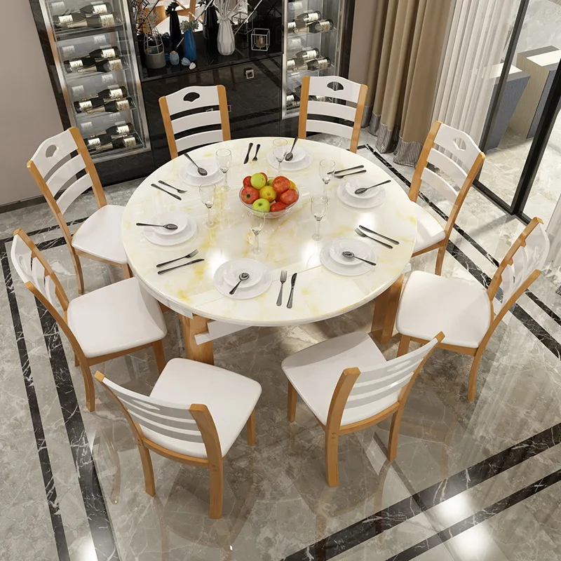 

Karois01 Marble Round Table Folding Rectangular Fire Stone Solid Wood Dining Table Combination