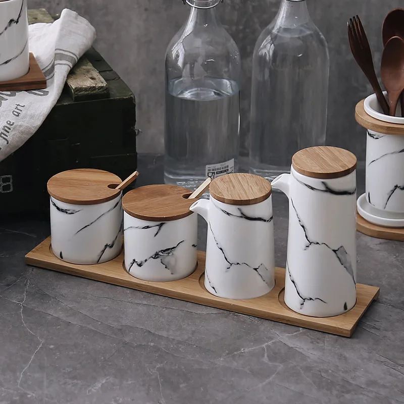

Villa Kitchen Decoration Wooden Ceramic Marble Pattern Seasoning Jar