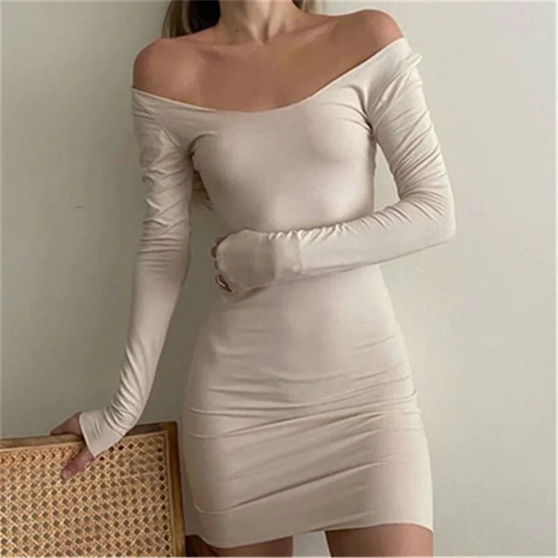 

2021women y2k Solid Casual romantic Slim dresses winter Bodycon Sexy Long Sleeve One shoulder Mini Wedding Party Elegant Clothes