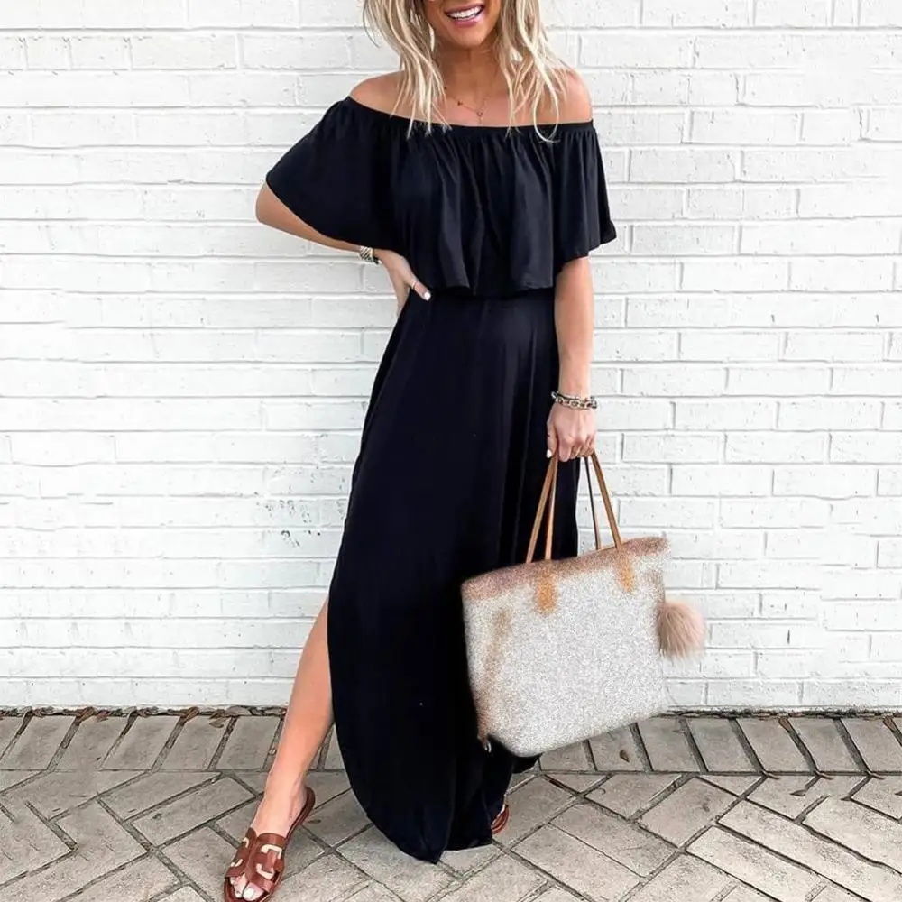 

Off Shoulder Women Summer Sleeve Stars Print Ruffled Hem Party Long Dresses