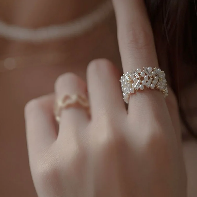 

High Quality Pearl Zircon Gold Open Rings For Woman 2021 New Fashion Korean Jewelry Luxury Party Adjustable Unusual Girls Ring