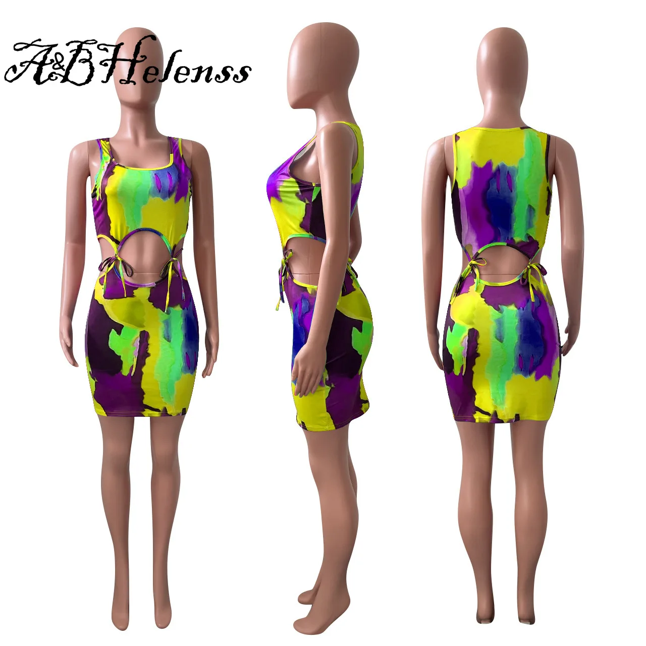 

Causal Tie Dye Strapless Sleeveless Hollow Out Bandage Party Club Mini Dress Women Summer Backless Cut Out Beach Dresses set