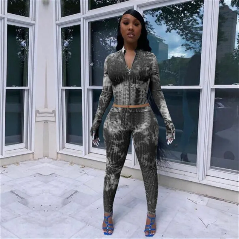 

women Clothes Set 2Pcs Sports Tie Dyeing Print Ribbed Streetwear Long Sleeve Zipper Crop Tops High Waist Biker Pants Workout Set