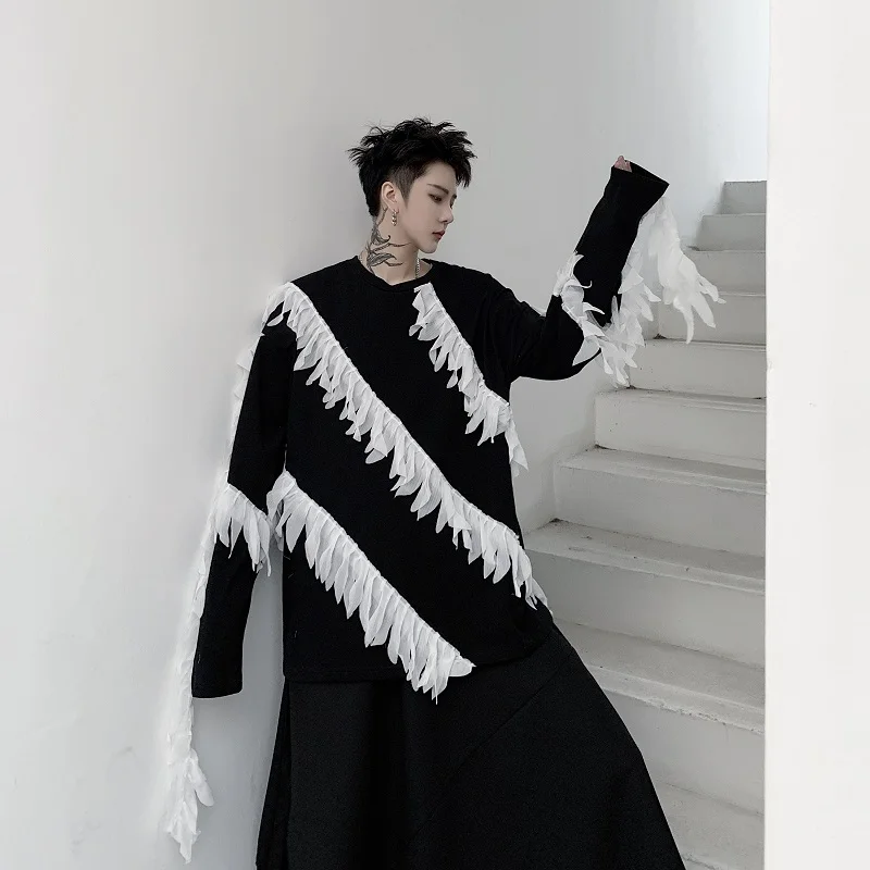 

Men Long Sleeve Lace Tassel Casual T-shirt Male Street Hip Hop Japan Korea Fashion Show Tops Tees Shirts Stage Clothes