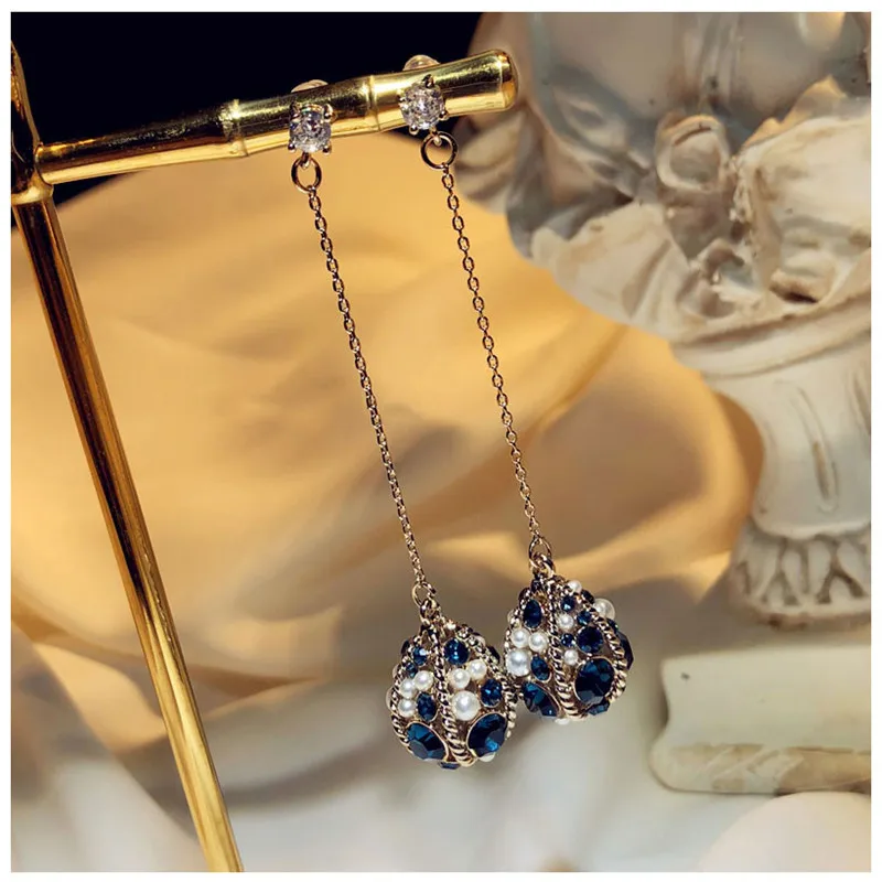 

S925 Silver Needles Drop Earrings For Women Handmade Sapphire Cubic Zirconia Water Drop Long Brincos Vintage Fine Jewelry