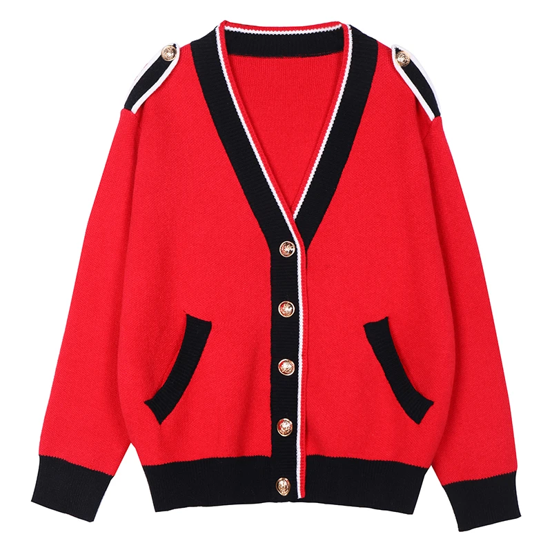 

Contrasting Color Knitted Cardigan Women Loose Lazy Casual Red Sweater Coat V-neck Striped 2020 Autumn Winter Pockets Female