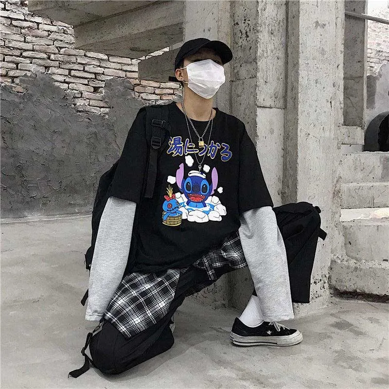 NiceMix Женская Harajuku Винтажная футболка с длинным рукавом Ulzzang лоскутное письмо комический принт свободный Круглый Вырез Эластичный весенний зимний топ F