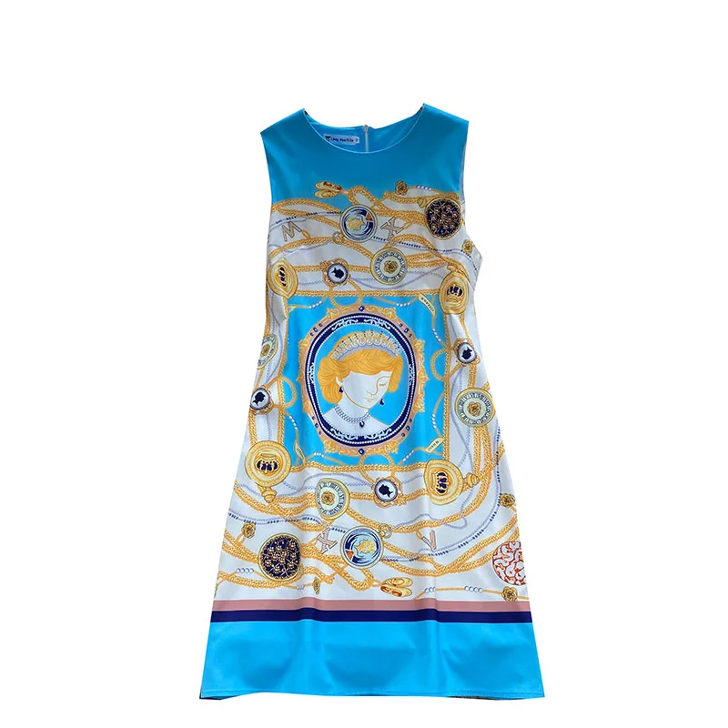 

European Station Summer Ladies Vestidos Temperament Round Neck Slim Short Sleeveless Vest Print Midi Dress KK091