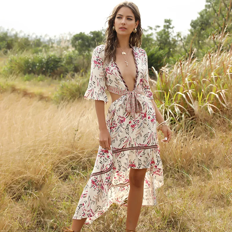 

Summer 2021 Floral Print Bohemian Dress Vintage Empire Ladies Frocks for Women Casual Ruffles Half Flare Sleeve Backless Dress