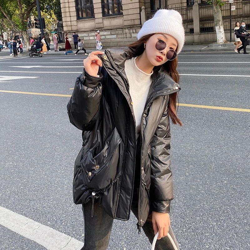 

2020 Solid Women Down Jacket Winter Short Zipper Stand-Up Collar Long-Sleeve Wide-Waisted Fashion Korean Style Warm Jacket Women
