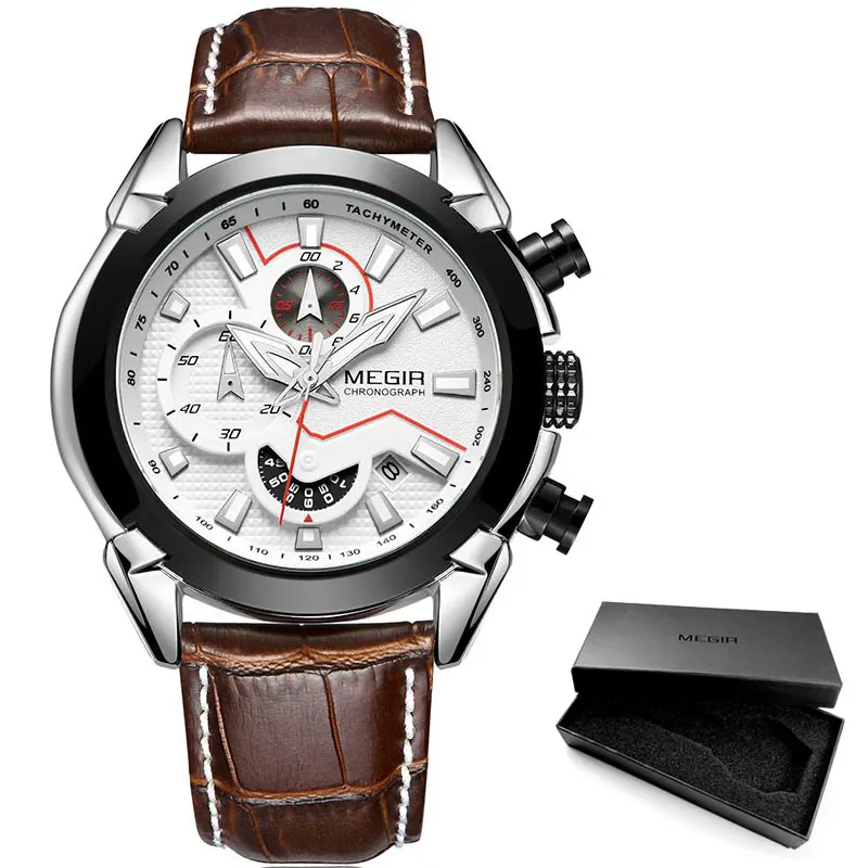 ML2065G-Brown MEGIR мужские модные спортивные кварцевые часы с кожаным водонепроницаемым светящимся хронографом наручные часы Relogios Masculino 2065 Rose - Цвет: ML2065G-Brown