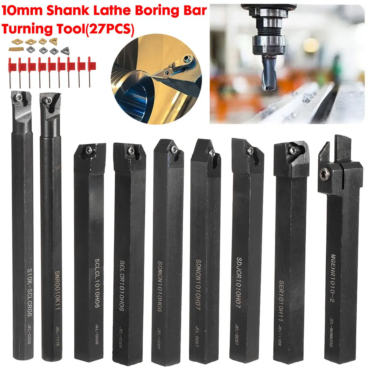 

27pcs/set 10MM Shank Lathe Turning Tool Holder Boring Bar CNC Tools Set With Carbide Inserts Wrenches For Lathe Turning Tool