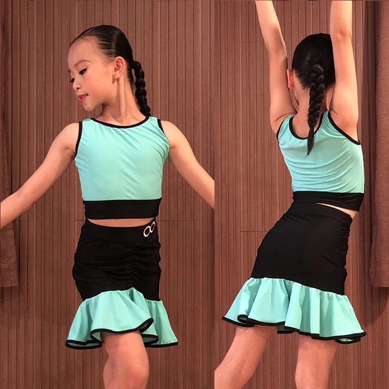 

Kids Latin Dance Dress Girls Practice Wear Lake Blue Set Wrap Hip Skirts Girls Summer Vest School Group Dancing Clothes BL4367
