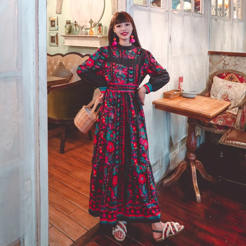 

Vetement Femme 2021 Fall Fashion Runway Maxi Dress Vintage Floral Print Elegant Party Muslim Arabian Oman Long Sleeve Loose Robe