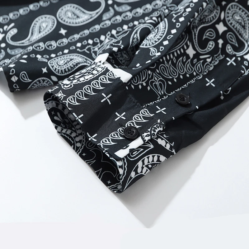 

ELKMU Mens Streetwear Bandana Paisley Pattern Shirts Summer Long Sleeve Shirts Oversize Male Hip Hop Shirt Chain Design HM312