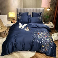 luxury blue floral butterfly embroidery egyptian cotton bedding set double duvet cover set bed linen pillowcases home textile